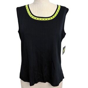 Ming Wang Studded Ribbed Knit Tank Top Black Lime Green Womens Medium NWT